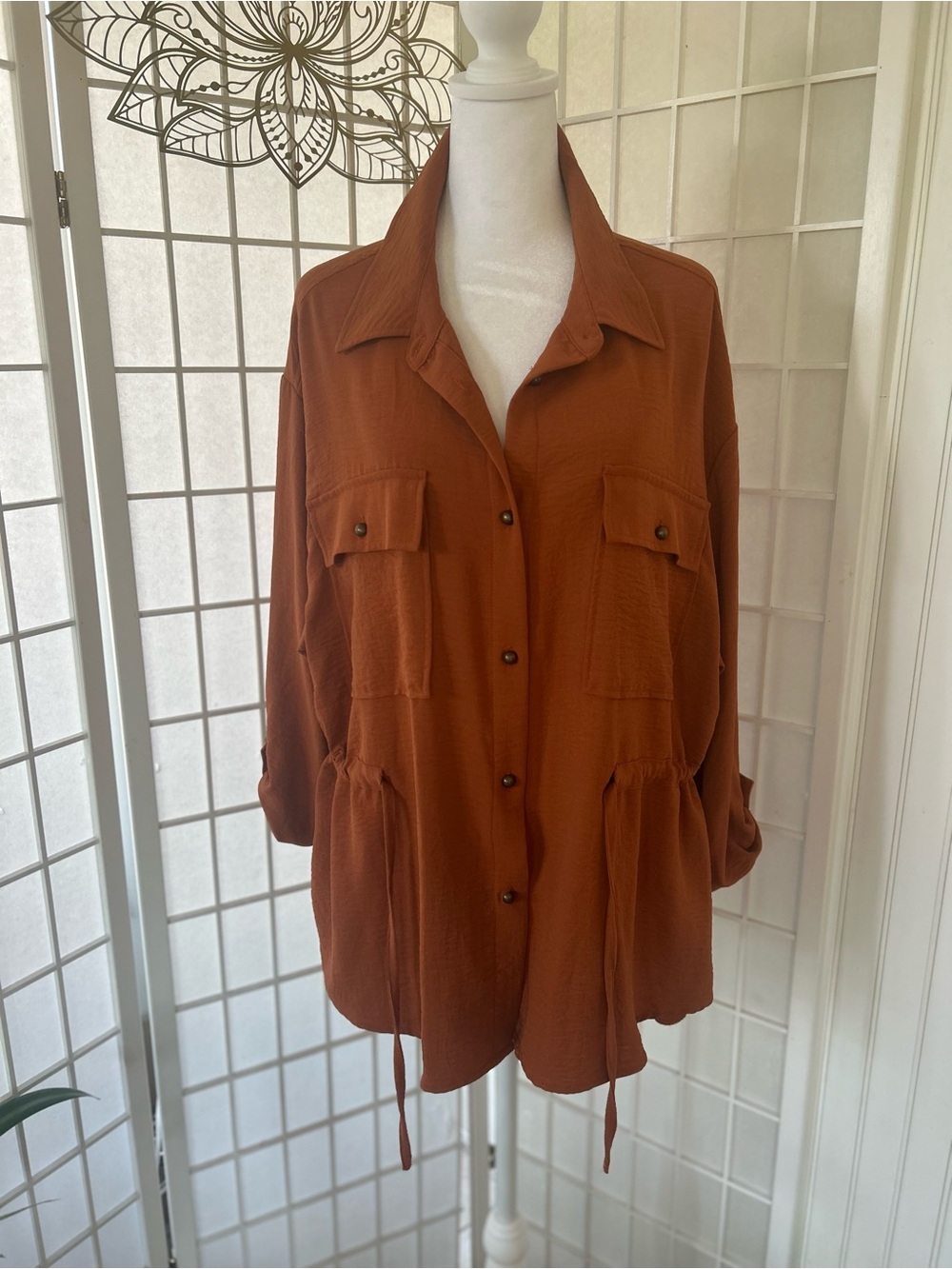 Rachel Zoe Rust Utility Blouse | XL | 25” PTP | Adjustable Drawstring Waist